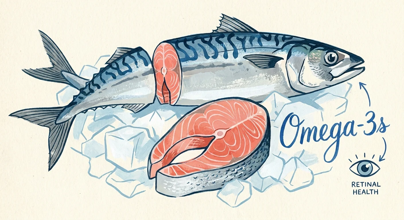 A stylized gouache illustration of salmon and mackerel, labeled with 'Omega-3s'.