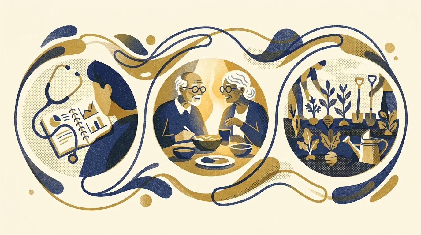 A stylized risograph illustration showing a nutritionist, a community meal, and a garden.