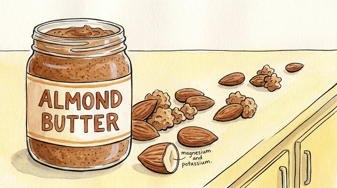 A stylized watercolor of almond butter and whole almonds, with labels for magnesium and potassium.