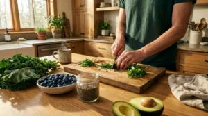A sun-drenched kitchen counter with fresh blueberries, kale, avocado, and chia seeds being prepared by a person for a healthy meal.