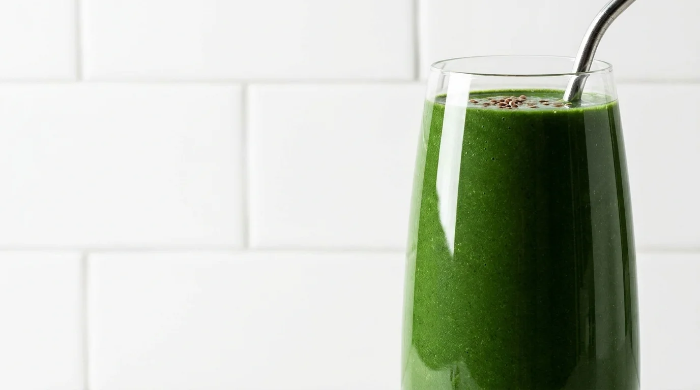 A tall glass of vibrant green smoothie with flaxseeds and a metal straw, set against a clean white background.