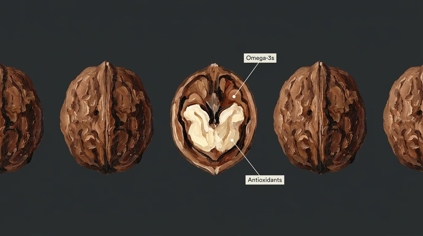 A textured gouache painting of whole and cracked walnuts, highlighting their nutrient-dense interior.
