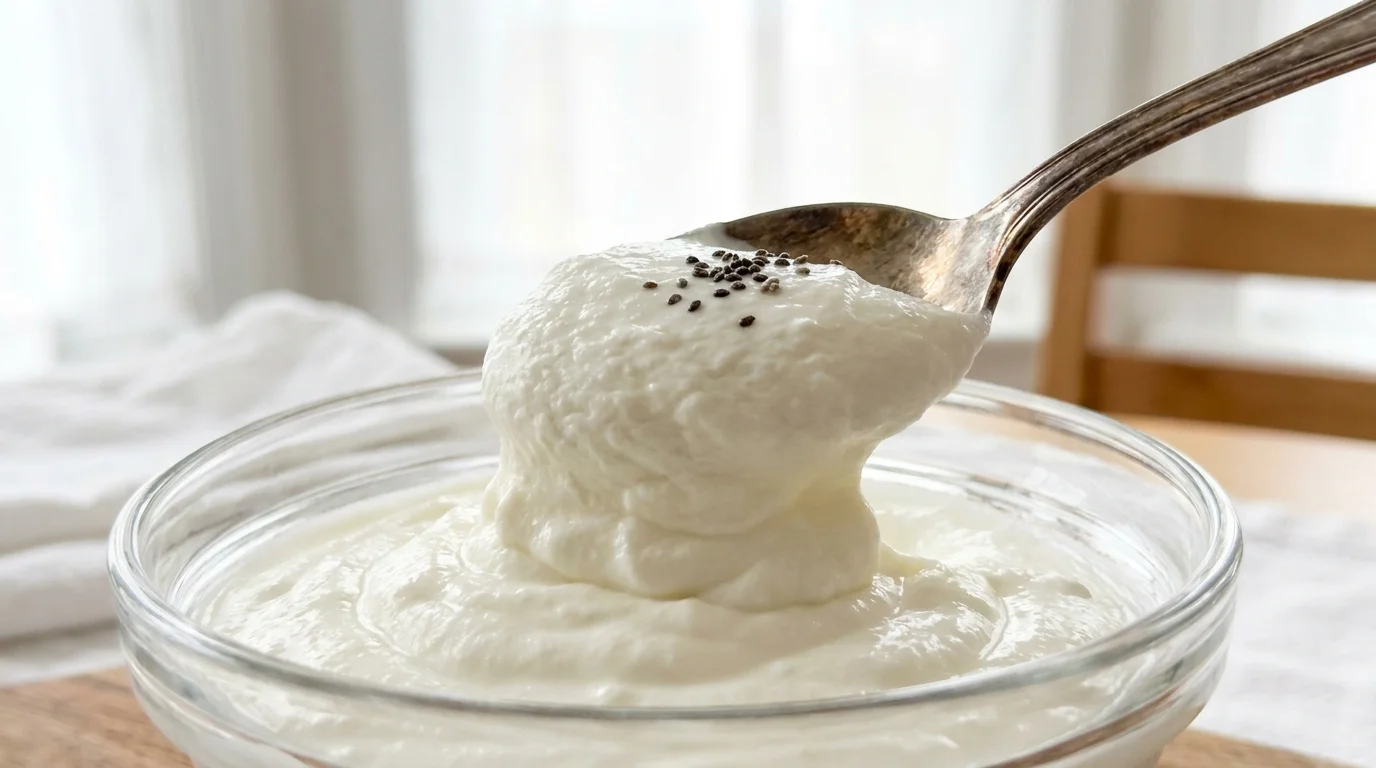 A thick, creamy dollop of plain Greek yogurt on a spoon, showing its dense protein-rich texture.