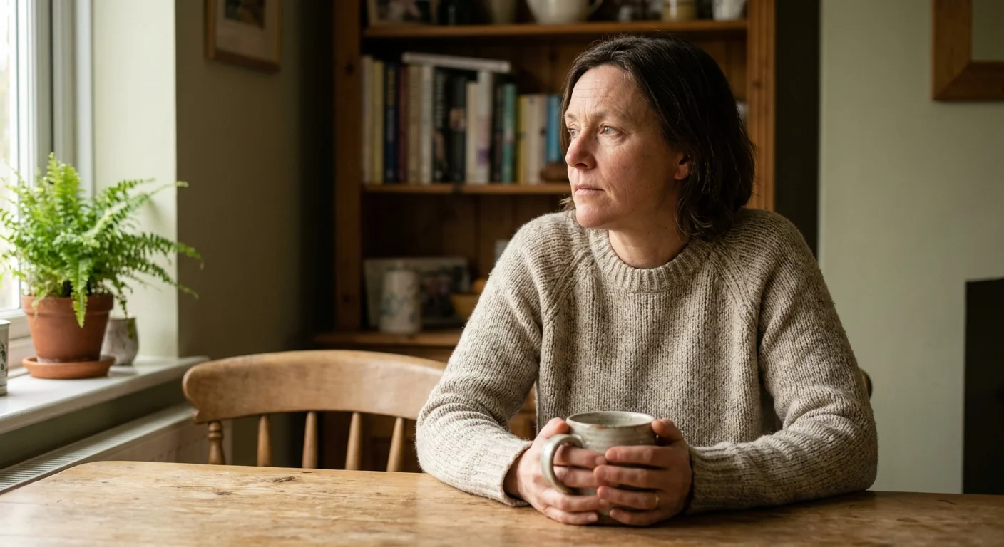 A thoughtful portrait of a person in a sunlit kitchen, reflecting a sense of morning clarity.