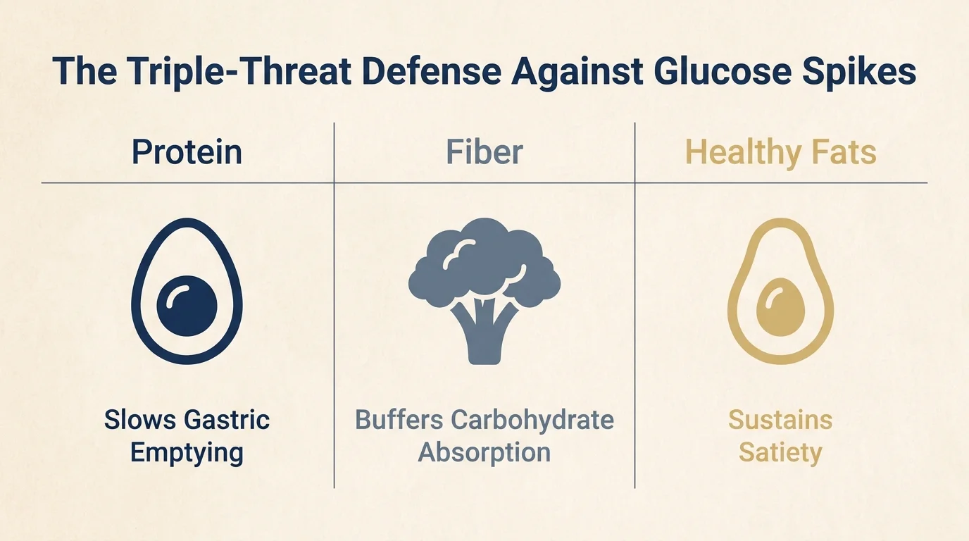 A three-column diagram showing Protein, Fiber, and Healthy Fats as the pillars of blood sugar stability.
