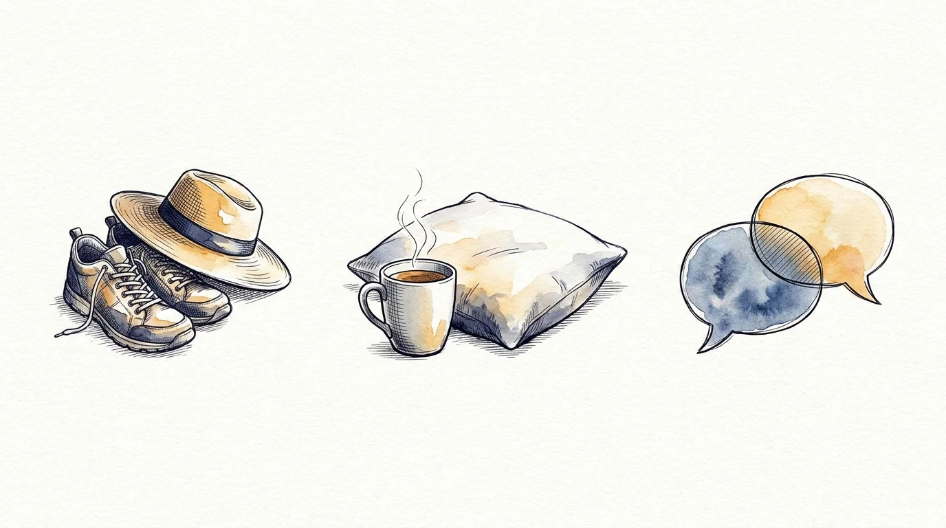 A three-panel illustration symbolizing exercise, rest, and social connection for holistic health.