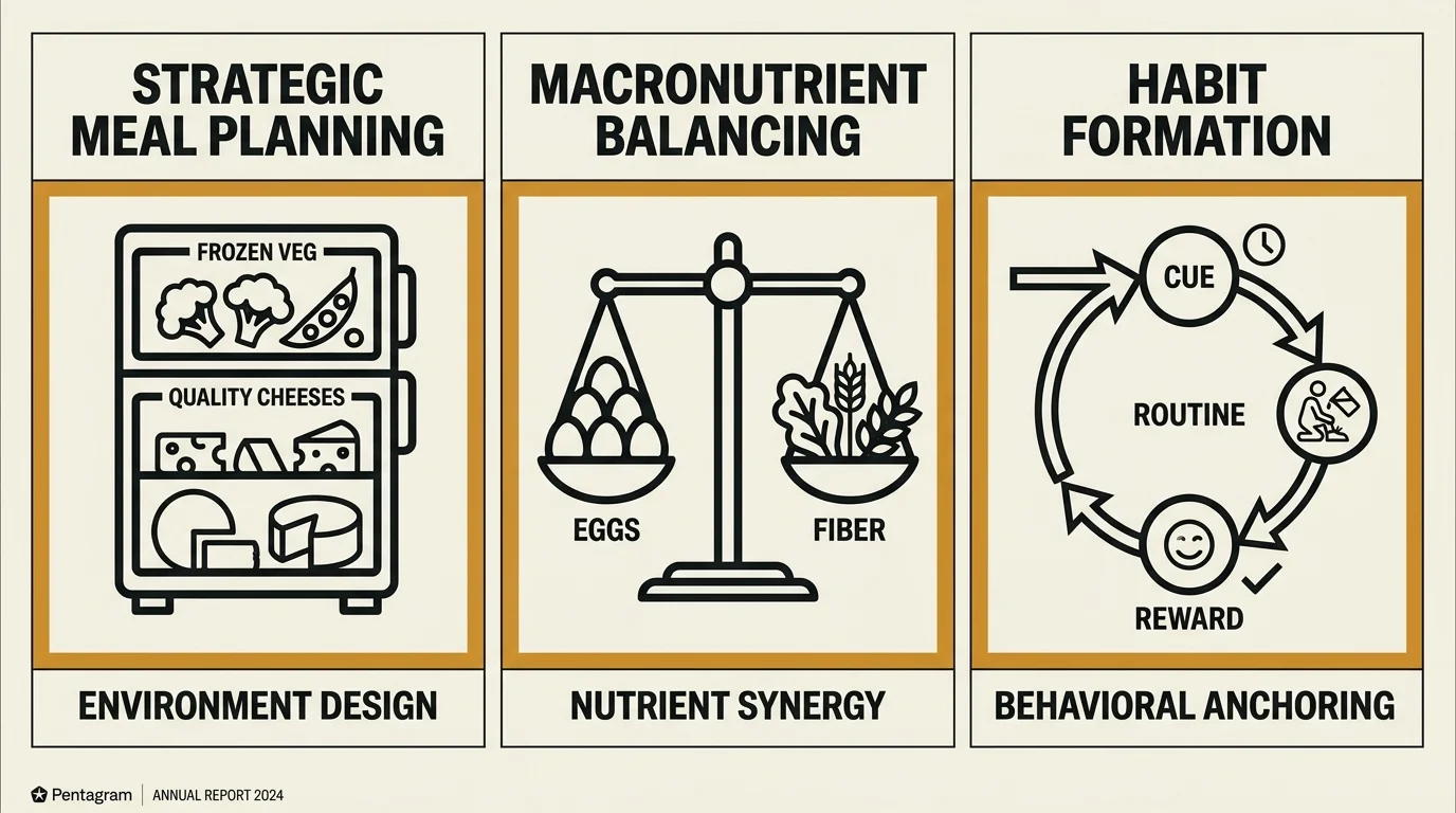 A three-part diagram outlining strategy pillars: Environment Design, Nutrient Synergy, and Behavioral Anchoring for healthy habits.