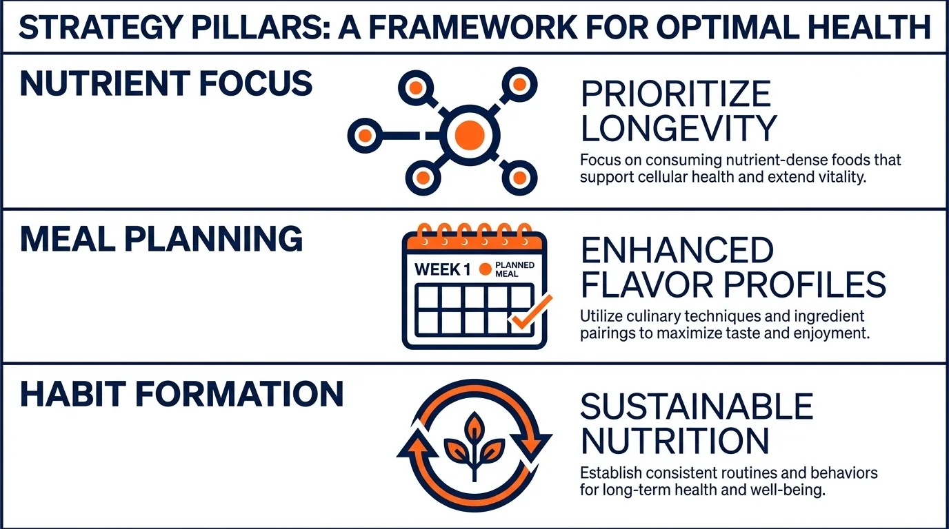 A three-part infographic showing the pillars of Nutrient Focus, Meal Planning, and Habit Formation.