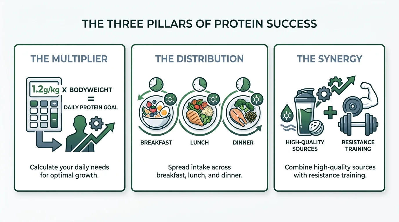 A three-pillar infographic summarizing protein calculation, meal distribution, and exercise synergy.