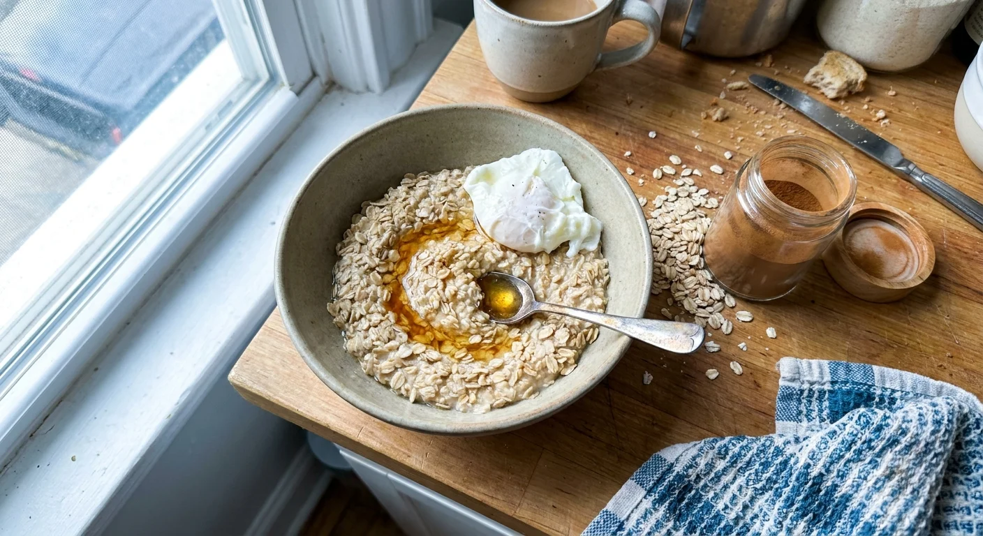 A top-down photo of a savory bowl of oatmeal topped with a poached egg and sesame oil on a kitchen counter.