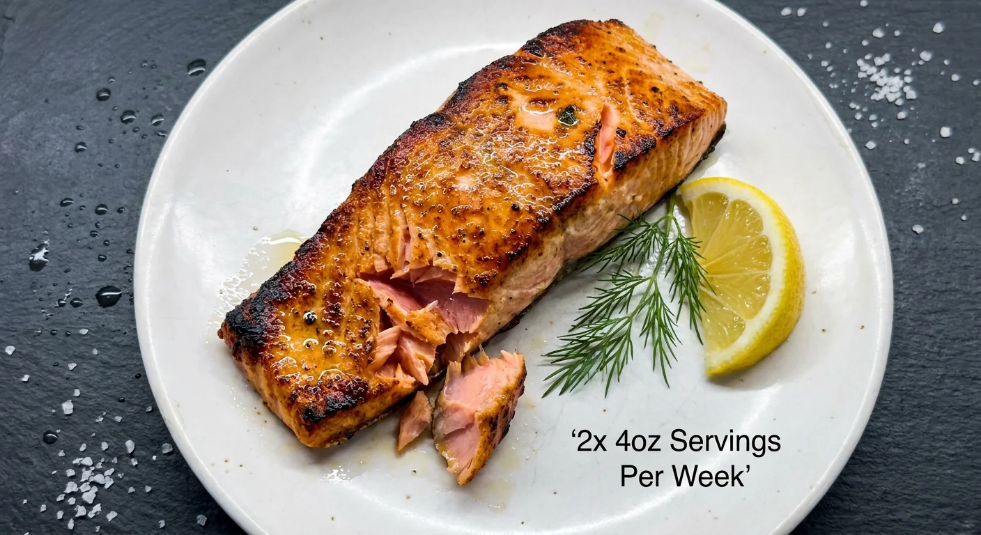 A top-down photo of a seared salmon fillet with a lemon wedge, emphasizing its rich omega-3 content.