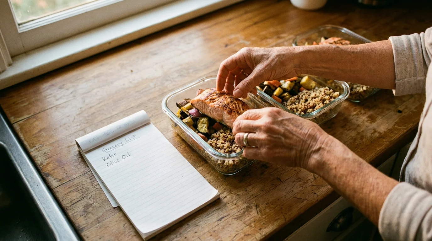A top-down photo of meal prep containers being filled with healthy food, with a grocery list nearby.
