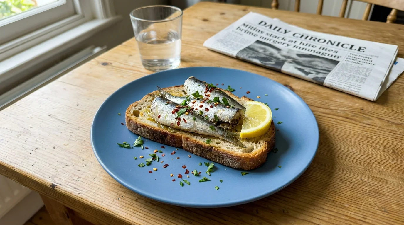 A top-down photo of sardines on sourdough toast with lemon and herbs, served on a blue plate.
