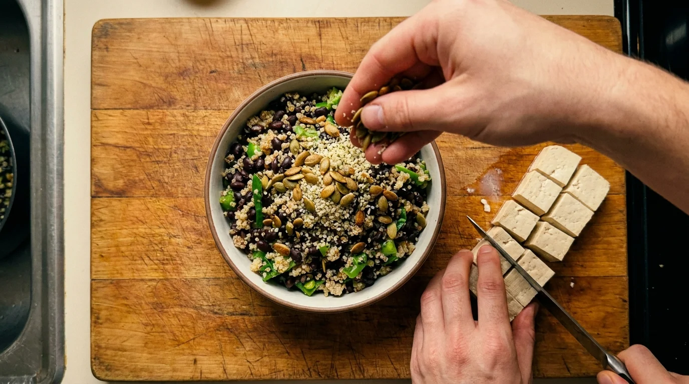 A top-down shot of a person adding seeds and tofu to a quinoa salad, highlighting plant-based protein variety.