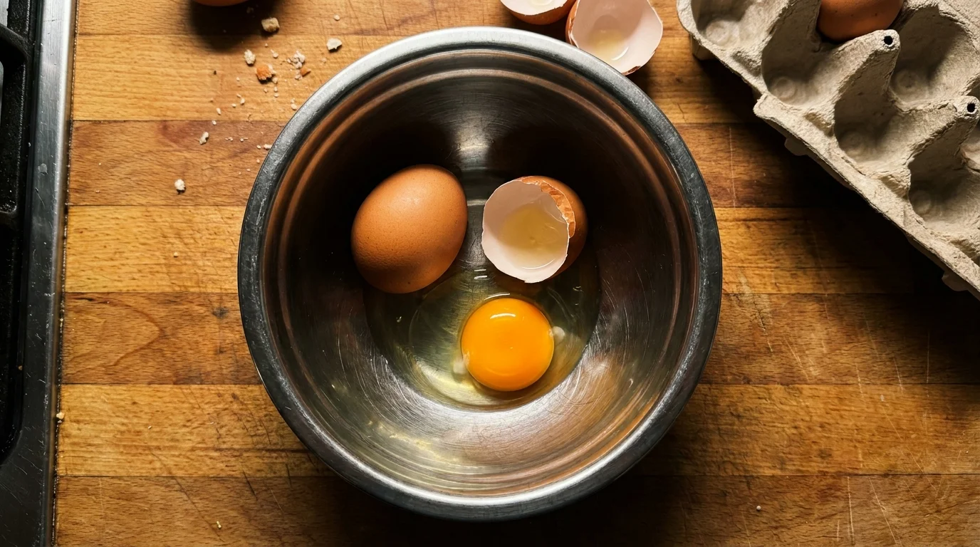 A top-down view of fresh eggs being prepared, focusing on the vibrant orange yolk as a source of Vitamin D.