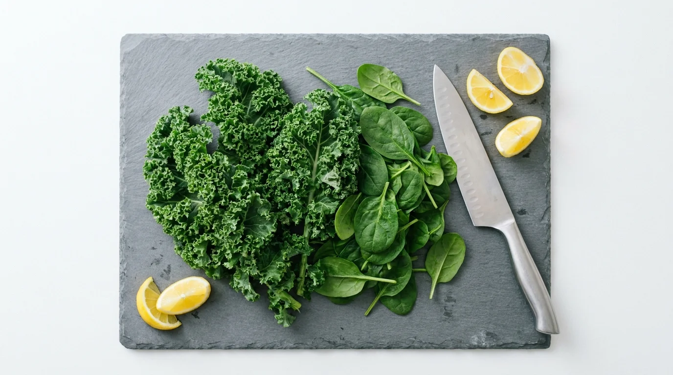 A top-down view of fresh kale, spinach, and lemon wedges on a slate cutting board.