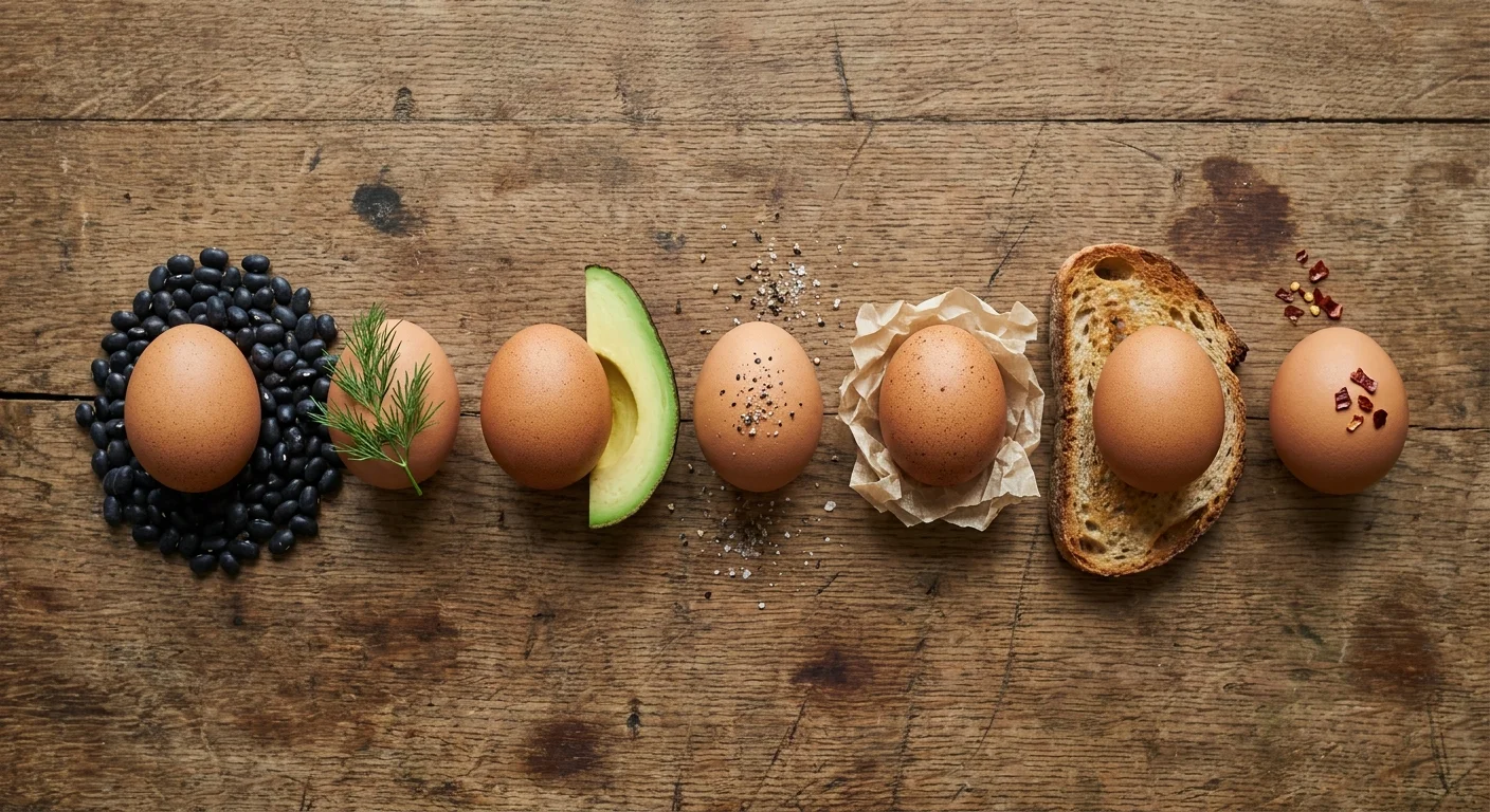 A top-down view of seven eggs arranged on a wooden table, each accompanied by a different fresh ingredient like beans or dill.