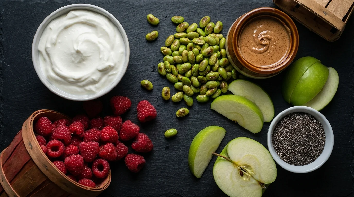 A variety of healthy snack ingredients like berries, edamame, and almonds arranged beautifully on a dark slate background.