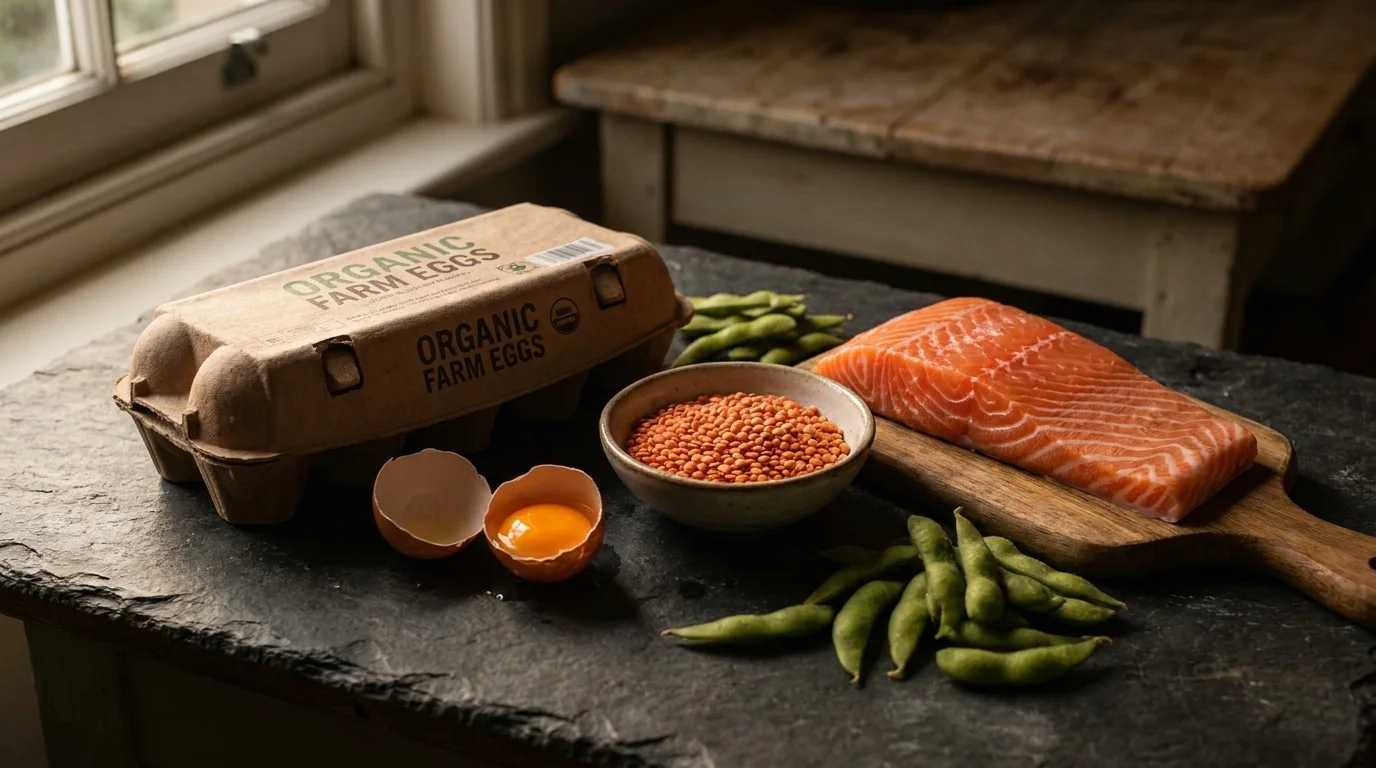 A variety of protein sources including eggs, lentils, salmon, and edamame arranged on a slate surface.