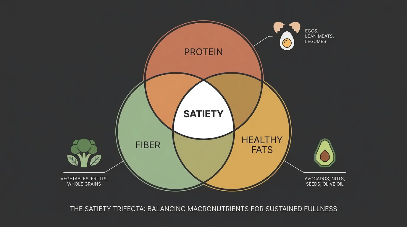 A Venn diagram showing how Protein, Fiber, and Healthy Fats overlap to create lasting Satiety.