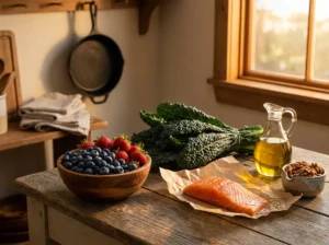 A vibrant arrangement of kale, berries, salmon, olive oil, and walnuts on a rustic kitchen table in warm morning light.