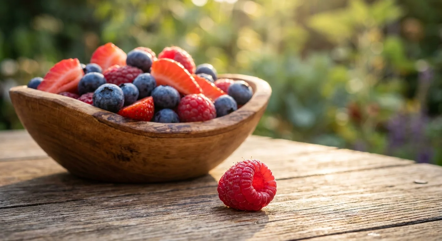 A vibrant, close-up photo of fresh blueberries, strawberries, and raspberries in a wooden bowl.