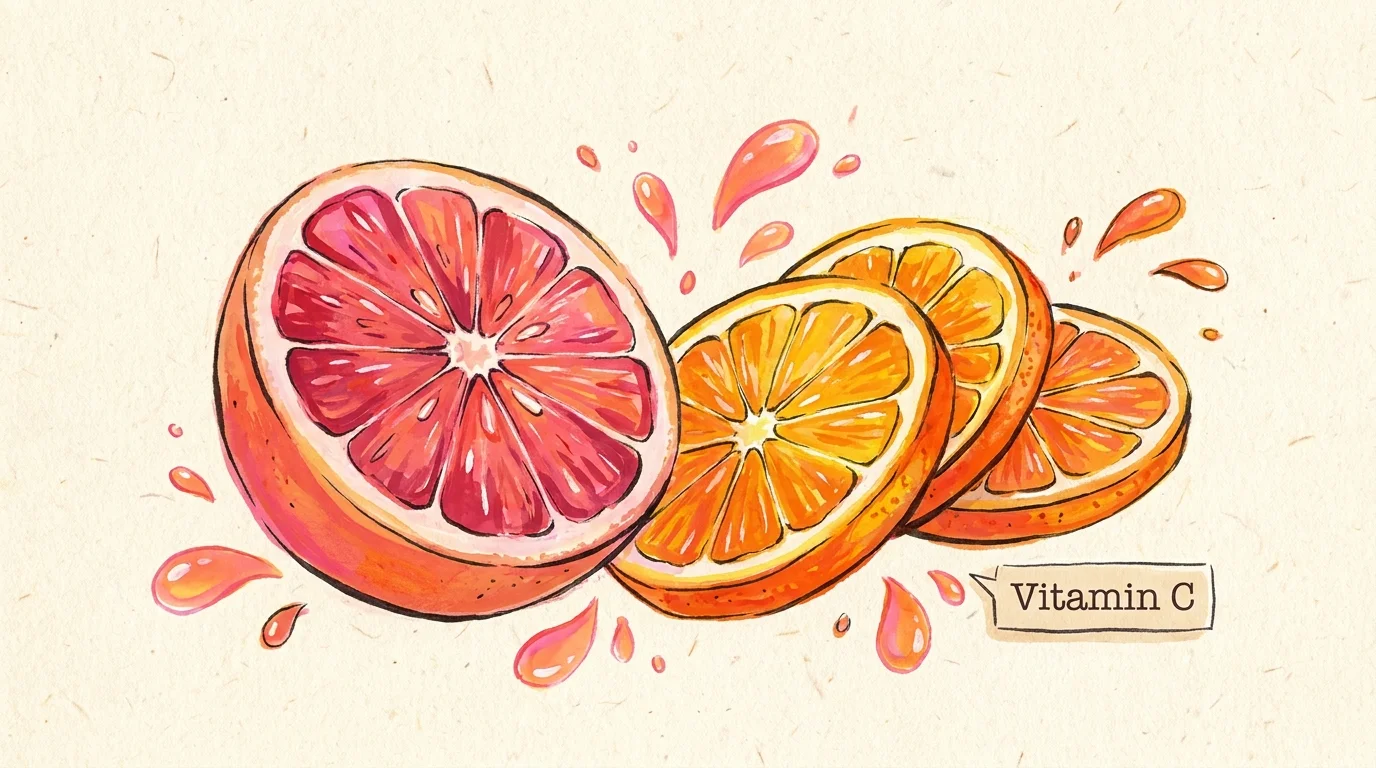 A vibrant gouache illustration of sliced citrus fruits like oranges and grapefruits.