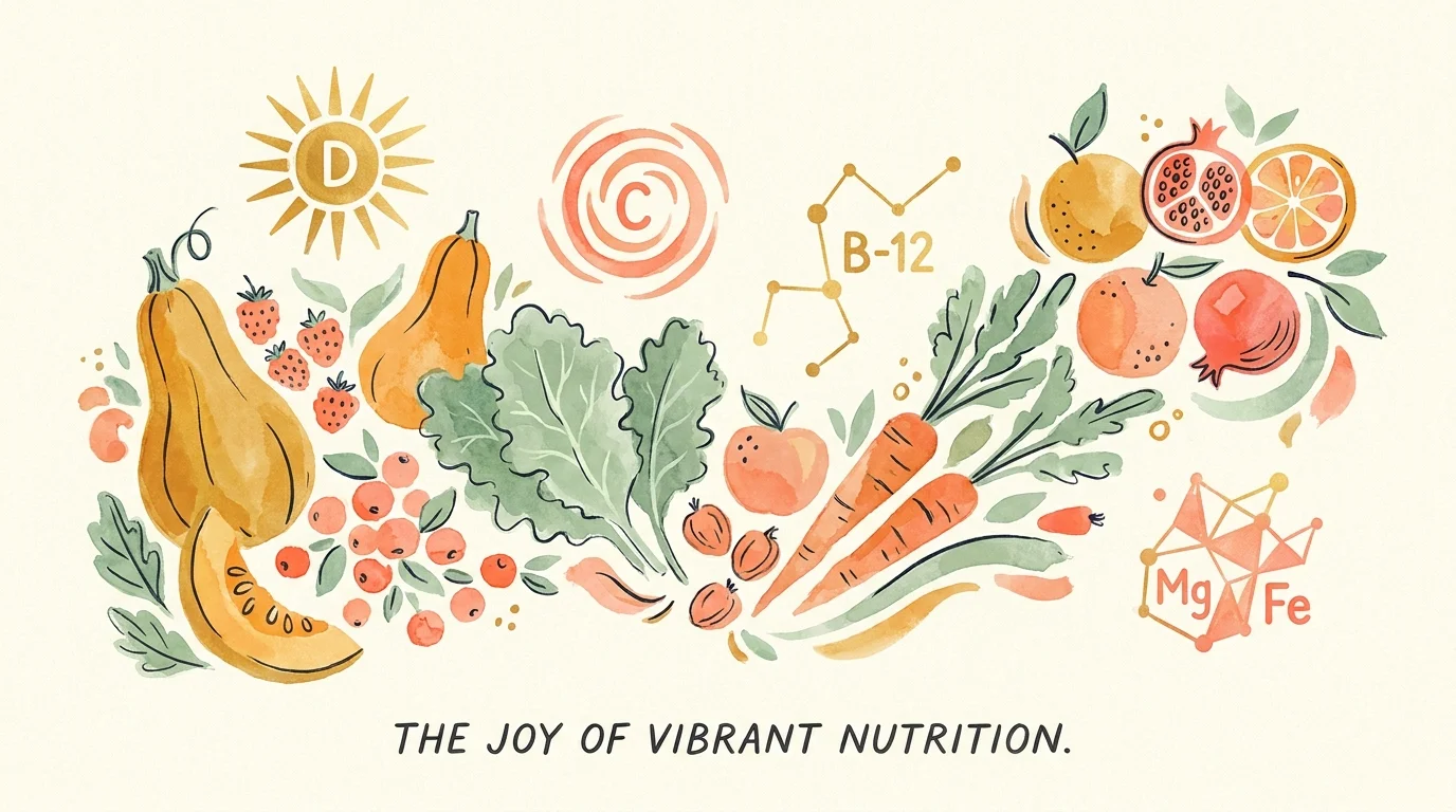 A vibrant illustration of healthy foods and vitamin symbols in a warm, artistic style.