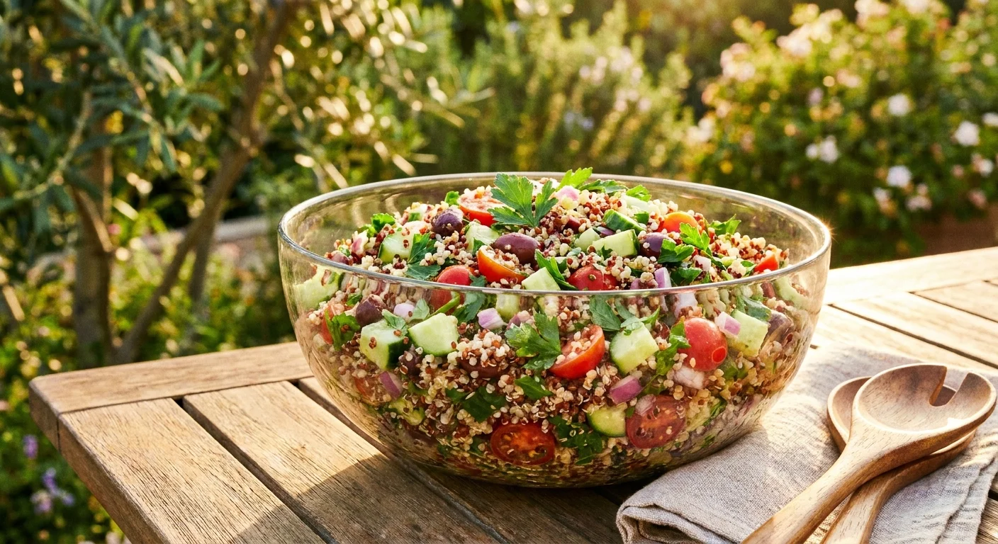 A vibrant quinoa salad with vegetables served in a glass bowl on an outdoor patio table.