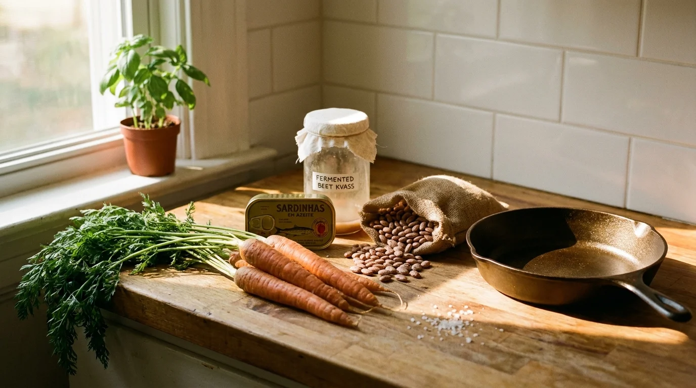 A warm, 35mm film photo of a sunlit kitchen counter with cast iron, fresh carrots, and jars of fermented foods.