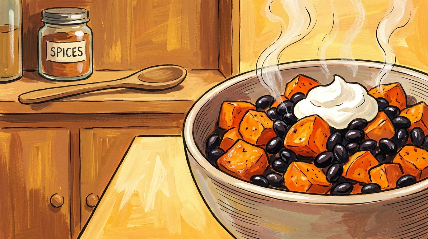 A warm gouache painting of a sweet potato and black bean bowl with steam rising, in a cozy kitchen setting.