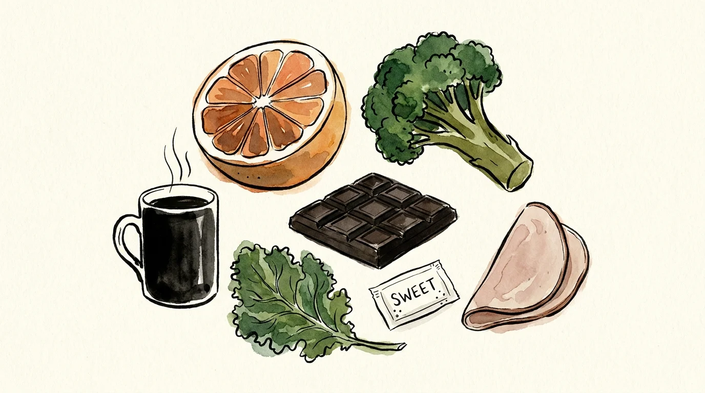 A watercolor and ink illustration showing a still life of grapefruit, broccoli, chocolate, coffee, and leafy greens.