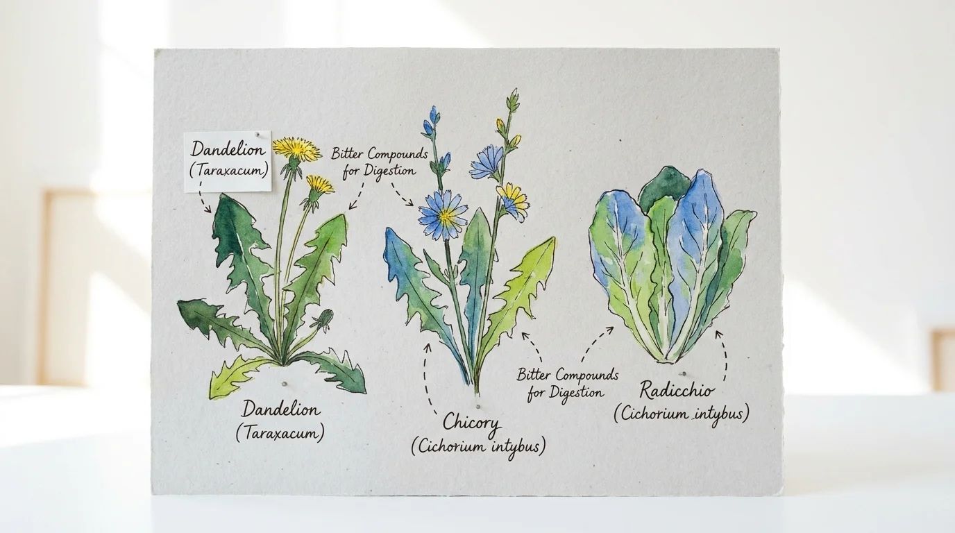 A watercolor and ink study of dandelion, chicory, and radicchio leaves with hand-written labels.