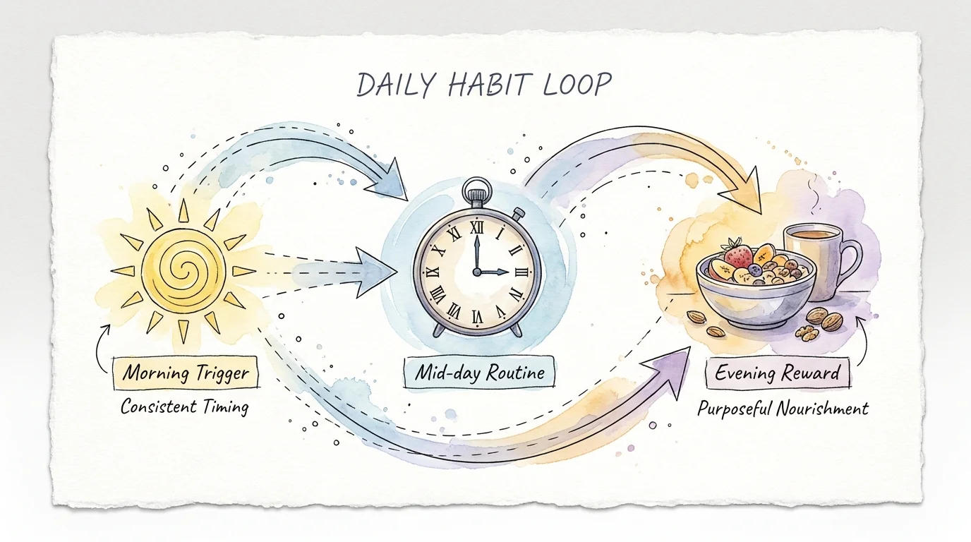 A watercolor circular diagram showing a daily routine centered around consistent, purposeful snack timing.