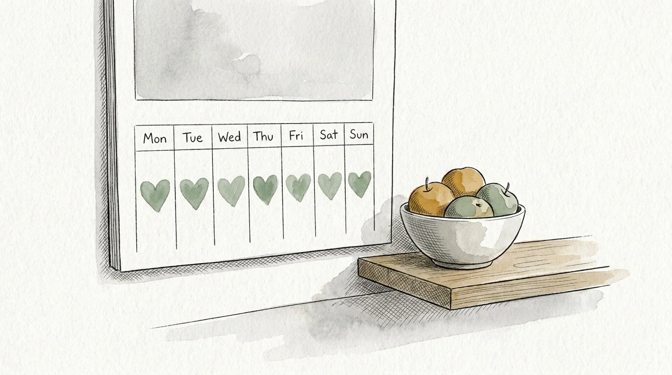 A watercolor drawing of a calendar with green hearts on the dates, symbolizing the building of healthy habits.