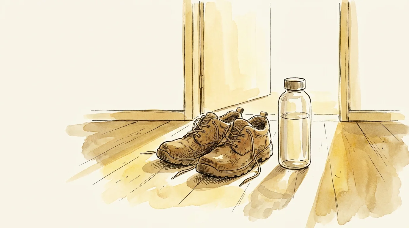 A watercolor drawing of walking shoes and a water bottle by a door, symbolizing healthy daily habits.