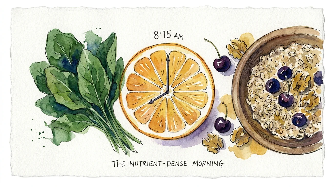A watercolor illustration collage featuring various healthy foods like spinach, oats, cherries, and walnuts around a stylized clock.