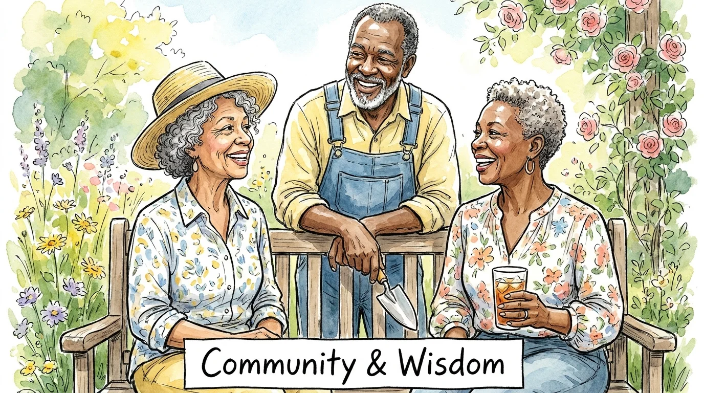 A watercolor illustration of a group of seniors talking and laughing together in a sunny garden.