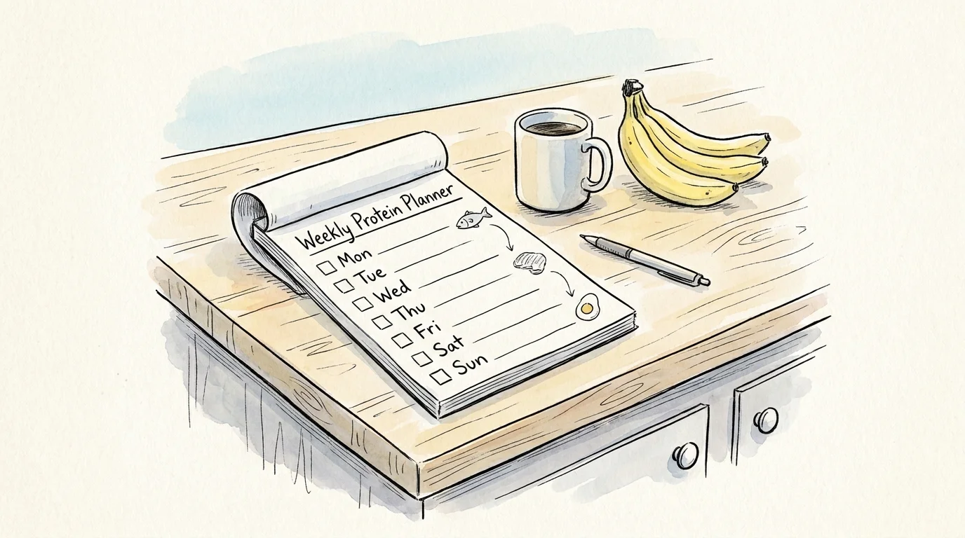 A watercolor illustration of a handwritten meal planner on a kitchen counter next to a coffee mug.