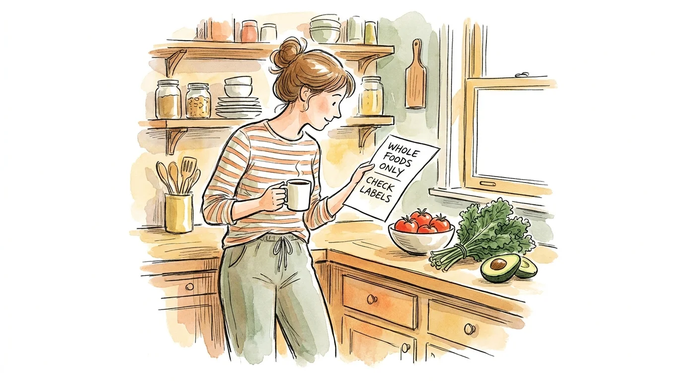 A watercolor illustration of a person in a kitchen looking at a grocery list that says 'Check Labels'.