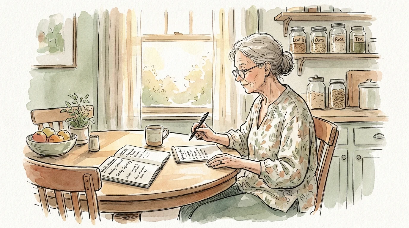 A watercolor illustration of a woman planning her weekly meals in a sunny kitchen.