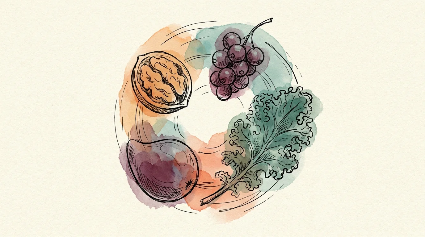 A watercolor illustration of different healthy foods overlapping and blending together, representing nutrient synergy.