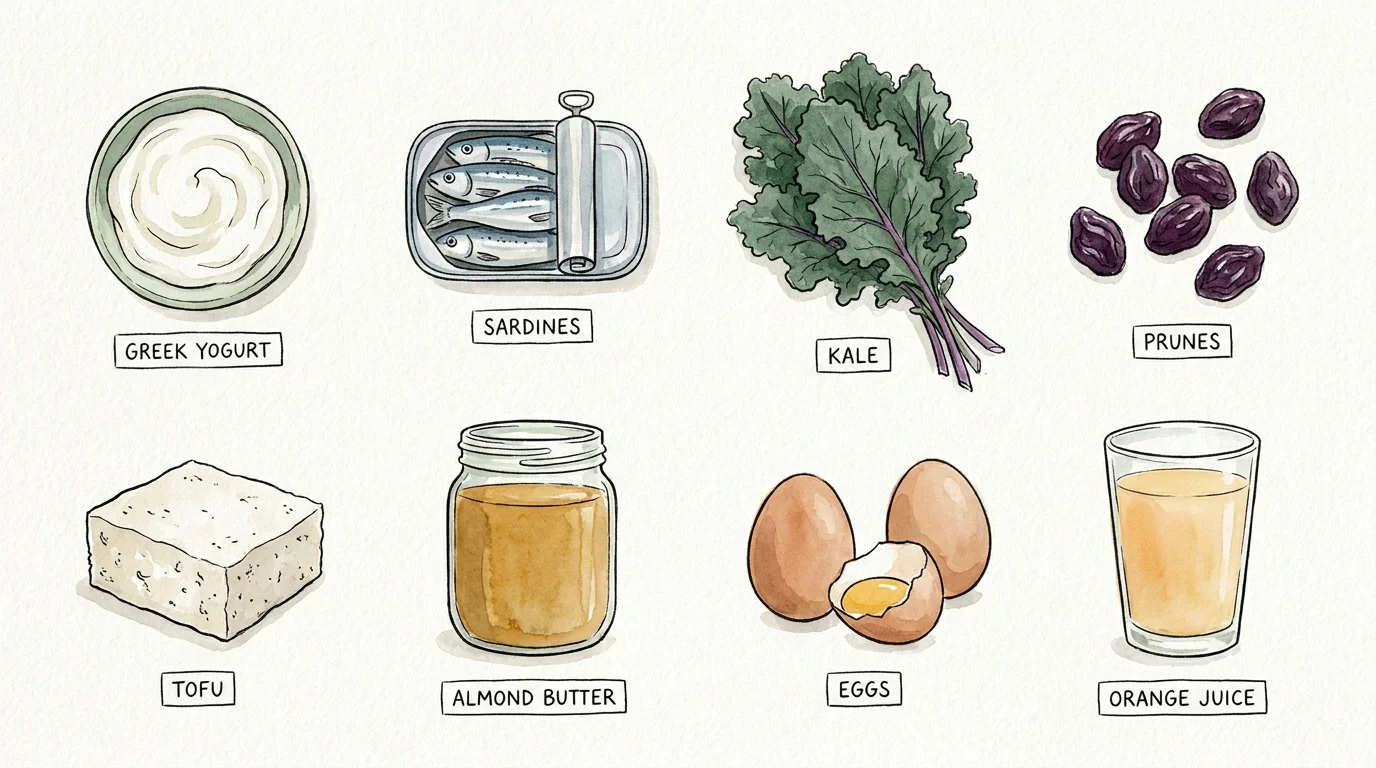 A watercolor illustration of eight bone-strengthening foods including yogurt, sardines, greens, and almonds.