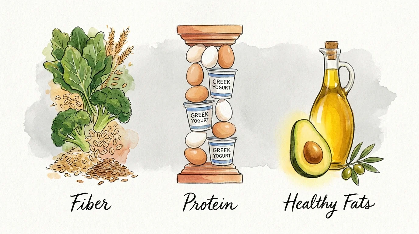 A watercolor illustration of three columns representing protein, fiber, and healthy fats as the foundation of senior nutrition.