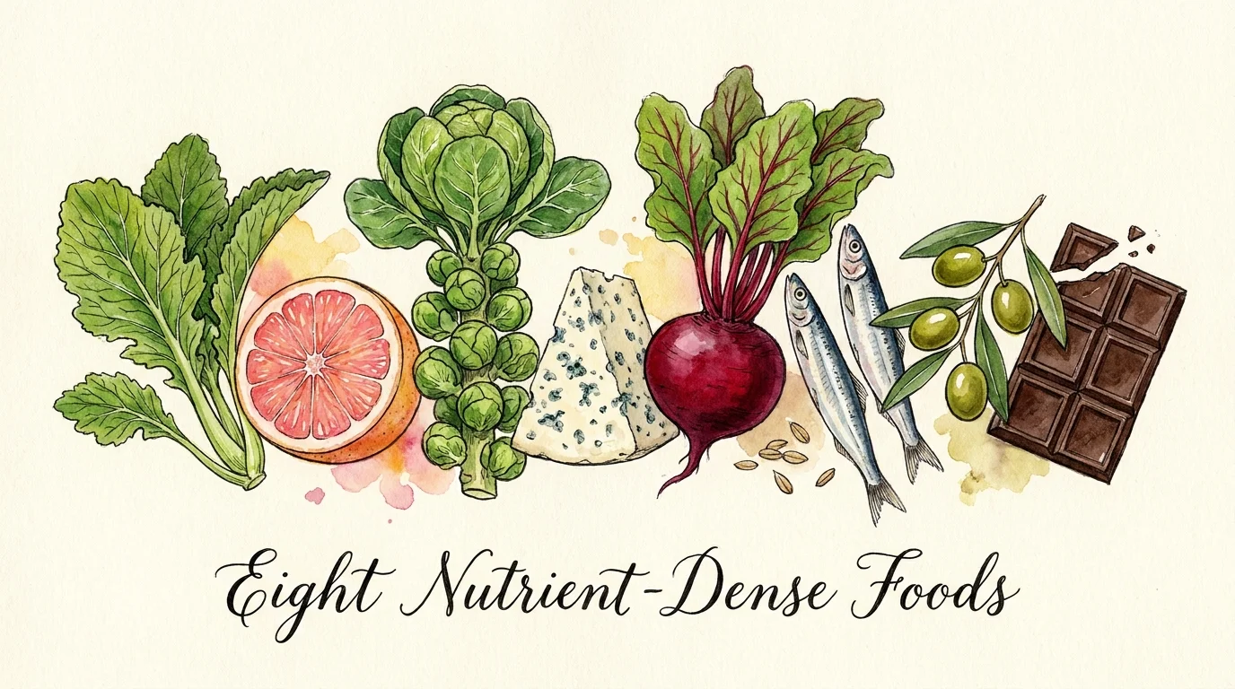 A watercolor illustration of various healthy foods including beets, grapefruit, blue cheese, and mustard greens in a botanical style.