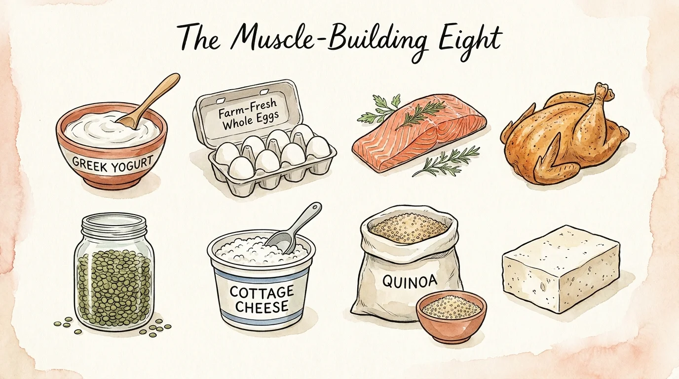 A watercolor illustration showing a variety of muscle-building foods including eggs, salmon, lentils, and yogurt.