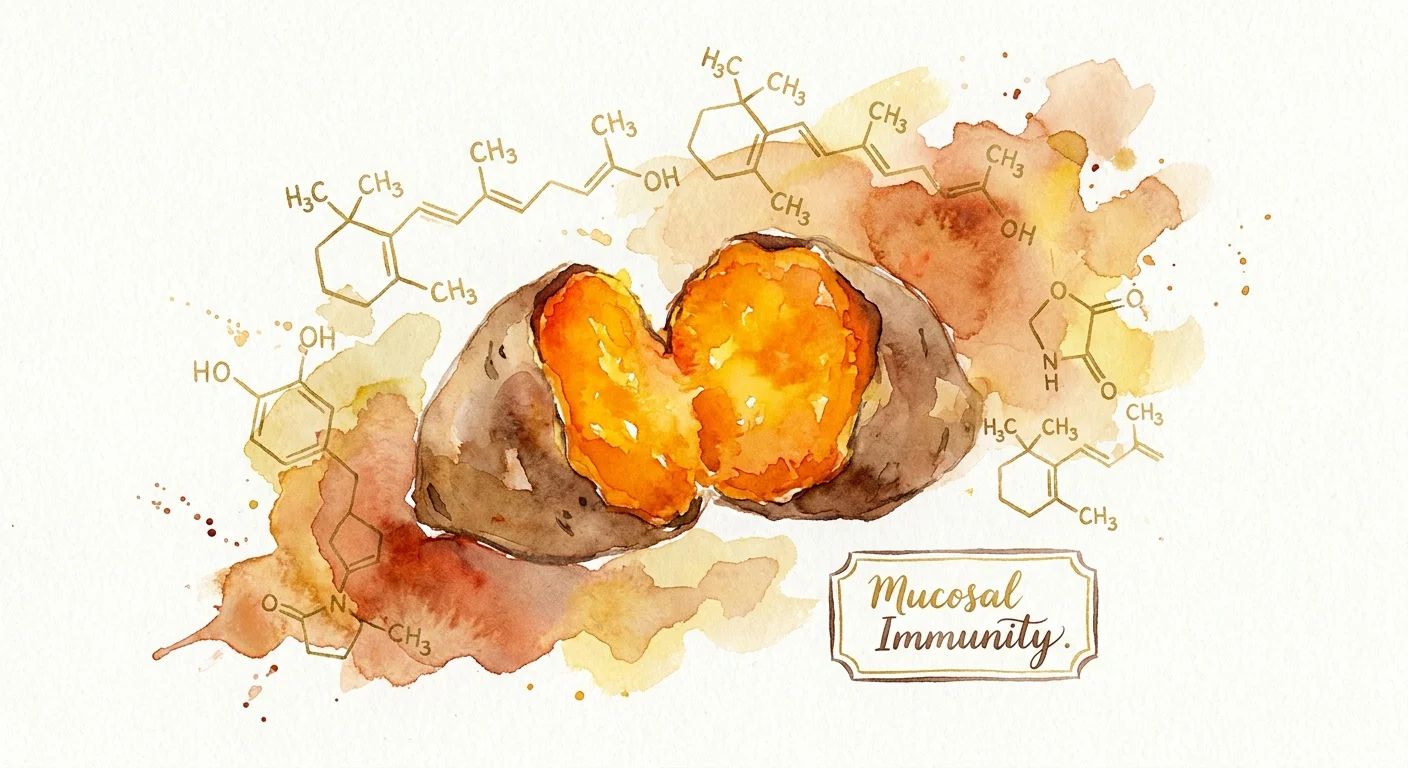 A watercolor painting of a roasted sweet potato with gold accents symbolizing Vitamin A and immunity.