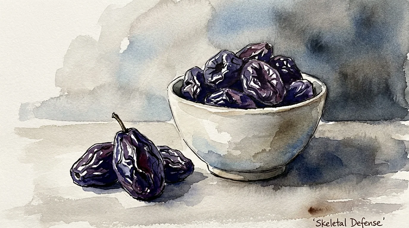 A watercolor painting of deep purple prunes in a ceramic bowl, focused on their rich color and texture.