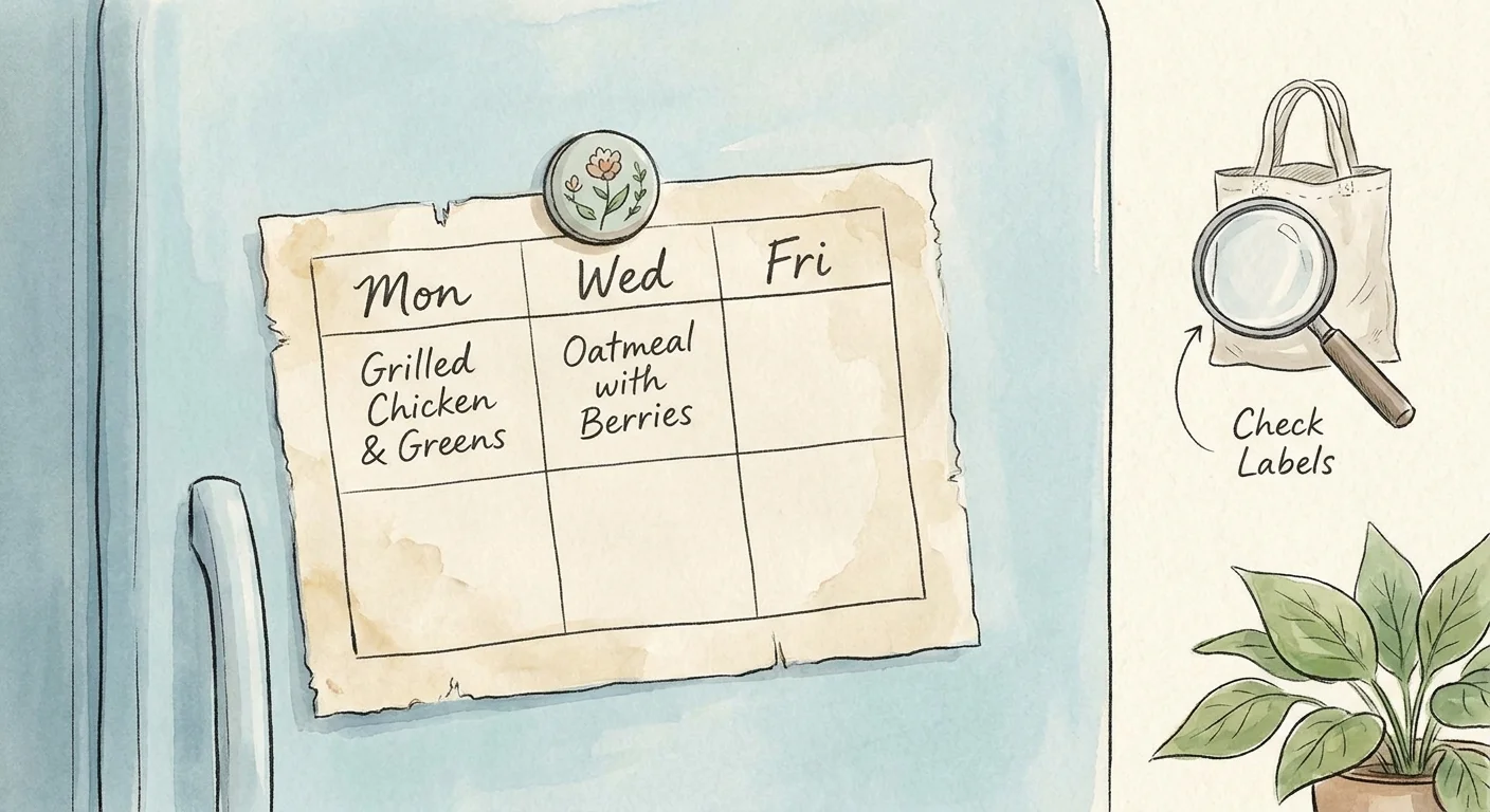 A watercolor sketch of a meal plan on a refrigerator with notes about healthy food choices.