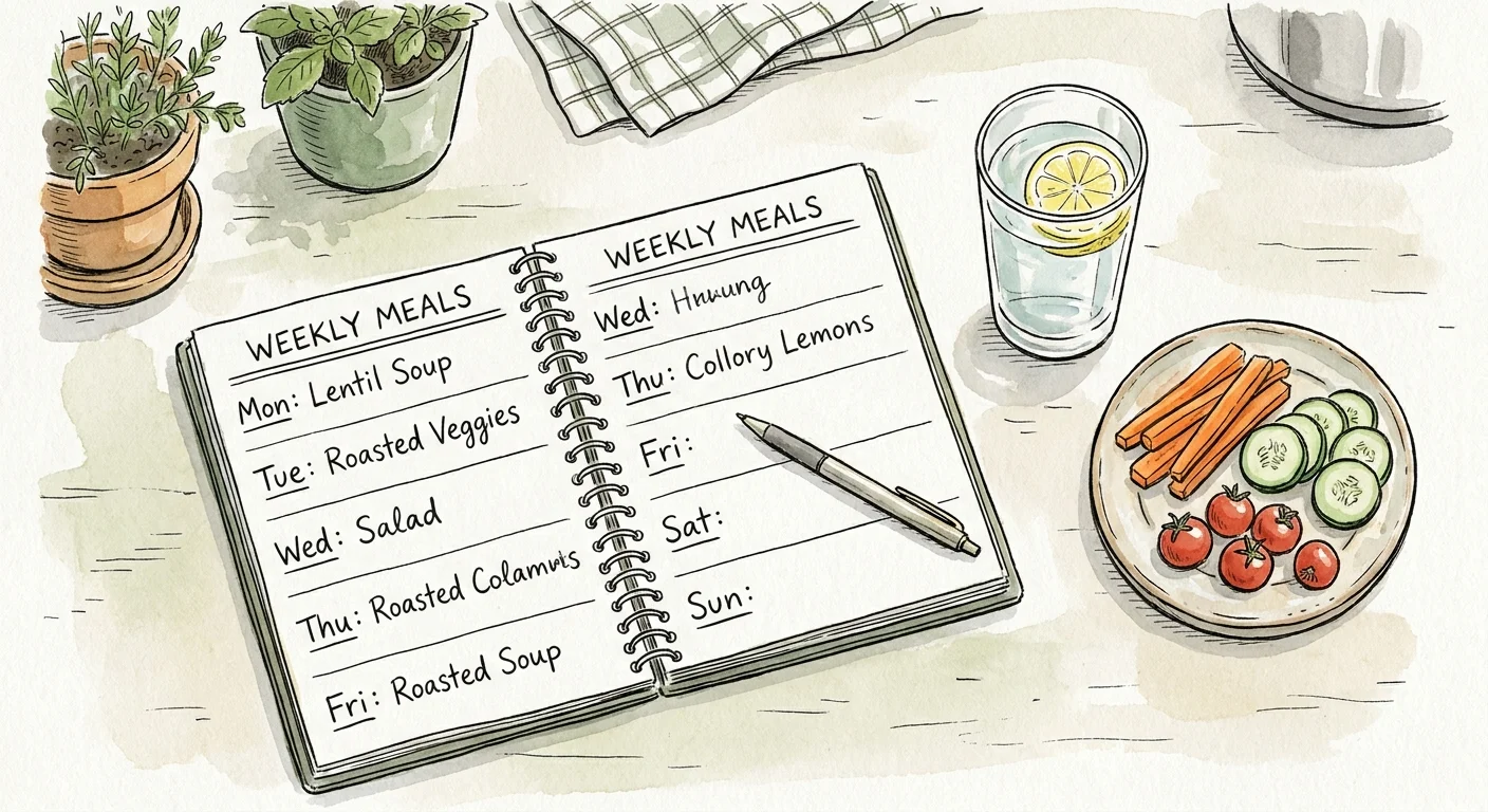 A watercolor sketch of a meal planner notebook and healthy snacks on a kitchen table.